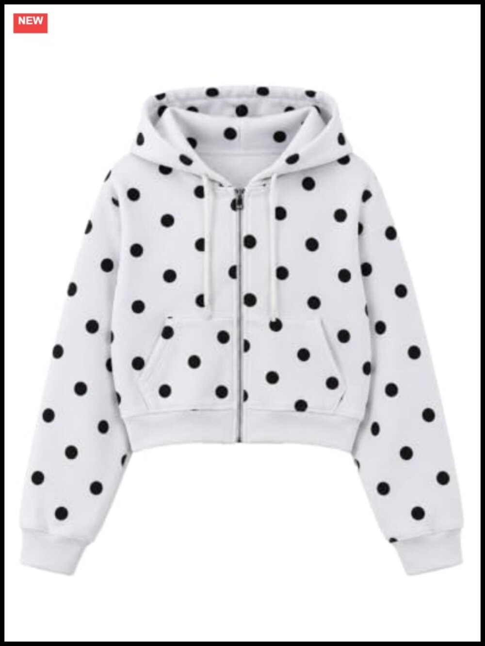 Women Polka Dot Fleece Lined Zip Up Crop Hoodie Sweatshirt